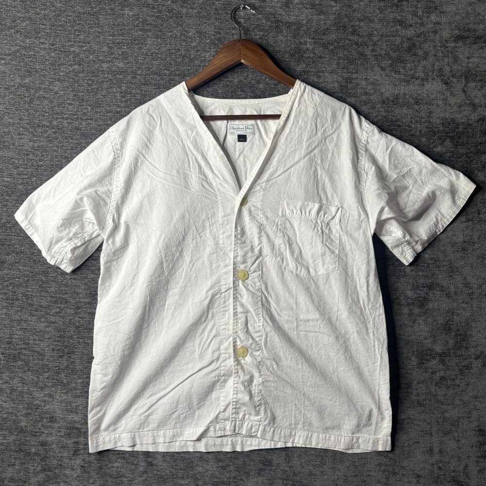 Vintage Christian Dior Monsieur White Cotton V-Neck Short Sleeve Shirt Large